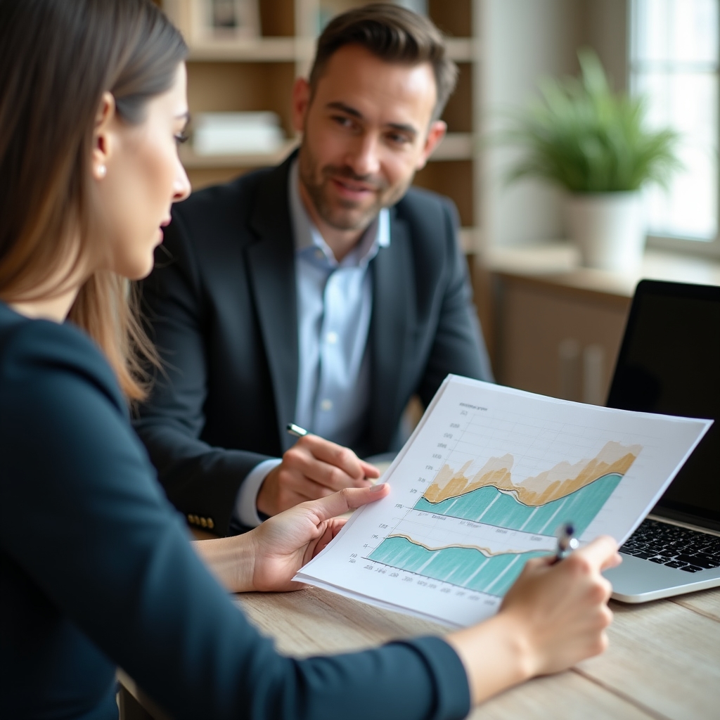 Financial orientation follow-up session with advisor reviewing progress charts with client