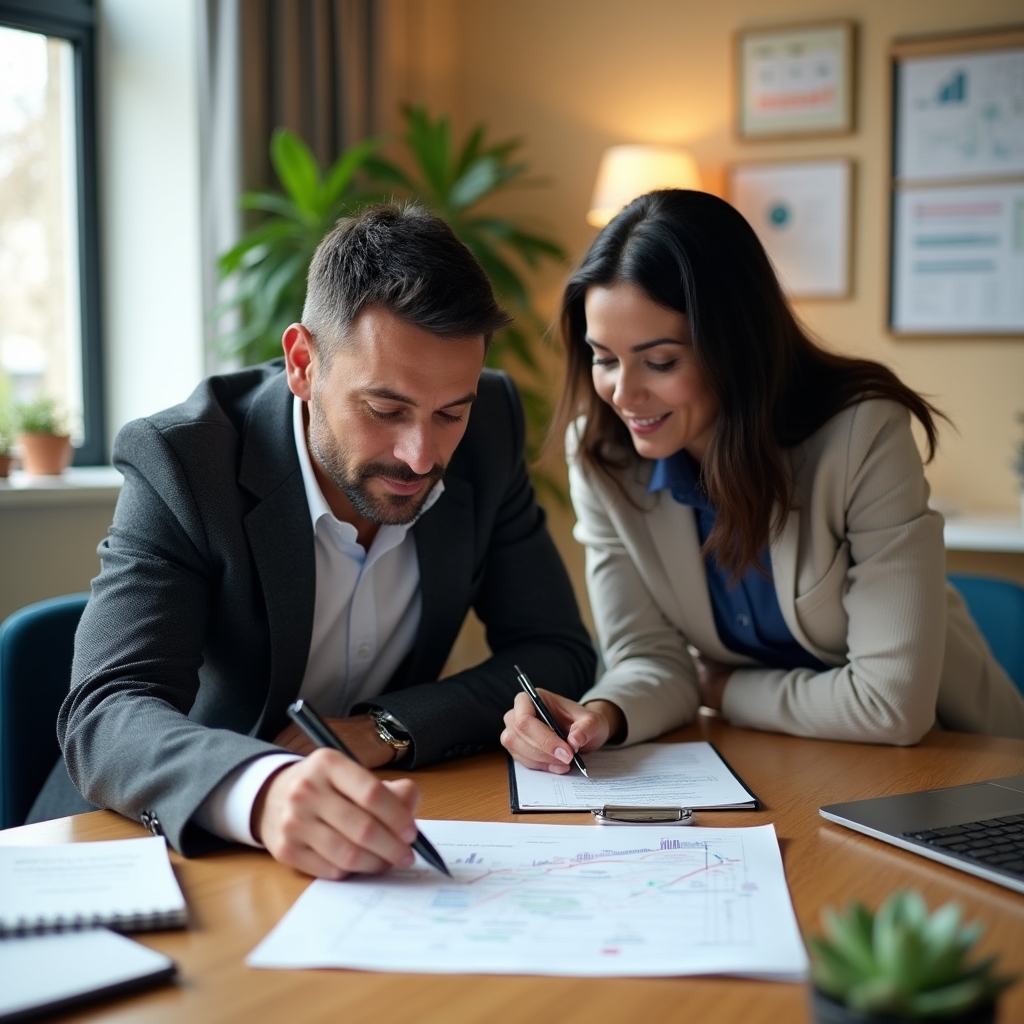 Financial strategy planning session with advisor and client reviewing documents